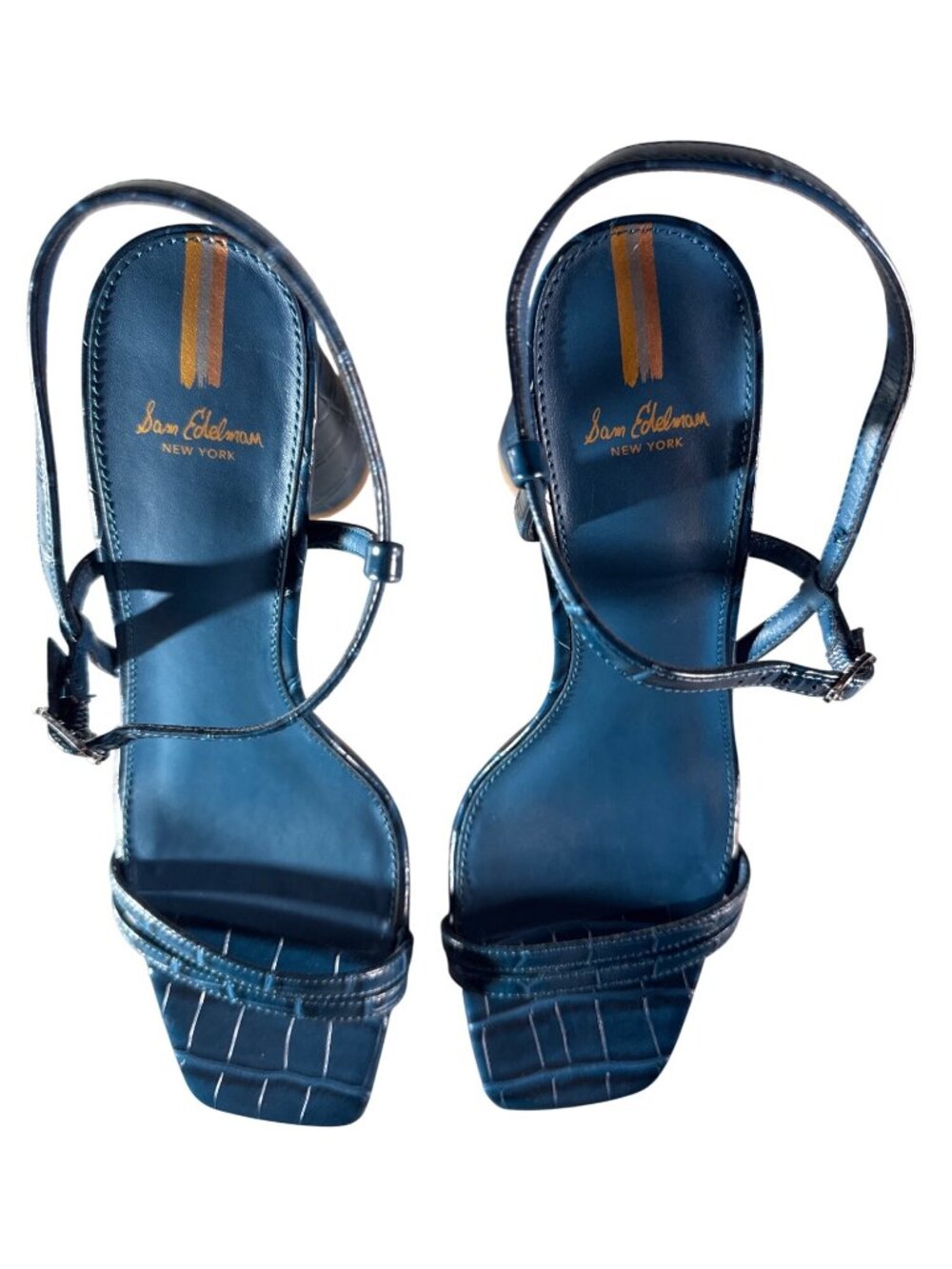 SAM EDELMAN Women's Blue Croc Embossed Heels Sandals Size 9.5M Block Heel - Picture 3 of 11